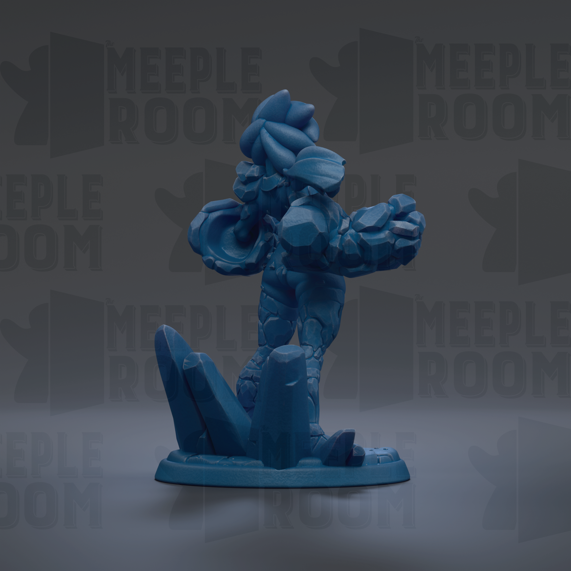 A blue figurine of a person with a large head and hands, standing on a base with rocks, against a dark background with repeated text.