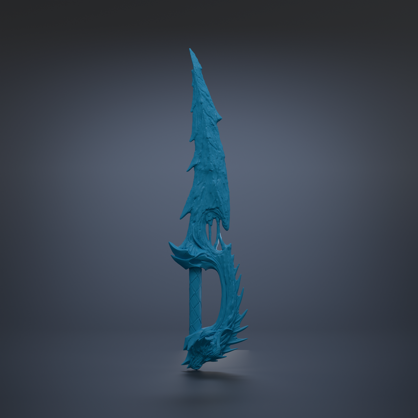 A blue, stylized sword-like weapon with a pointed top and a curved bottom, standing upright against a dark background.