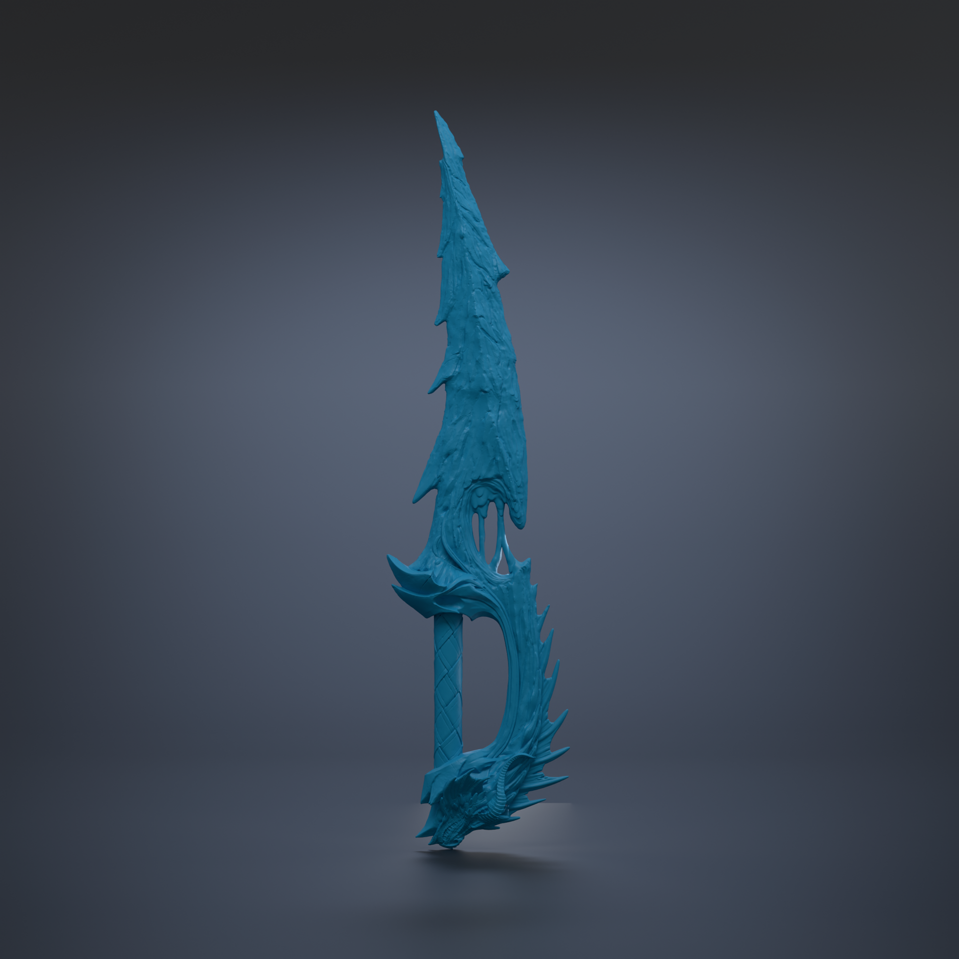 A blue, stylized sword-like weapon with a pointed top and a curved bottom, standing upright against a dark background.