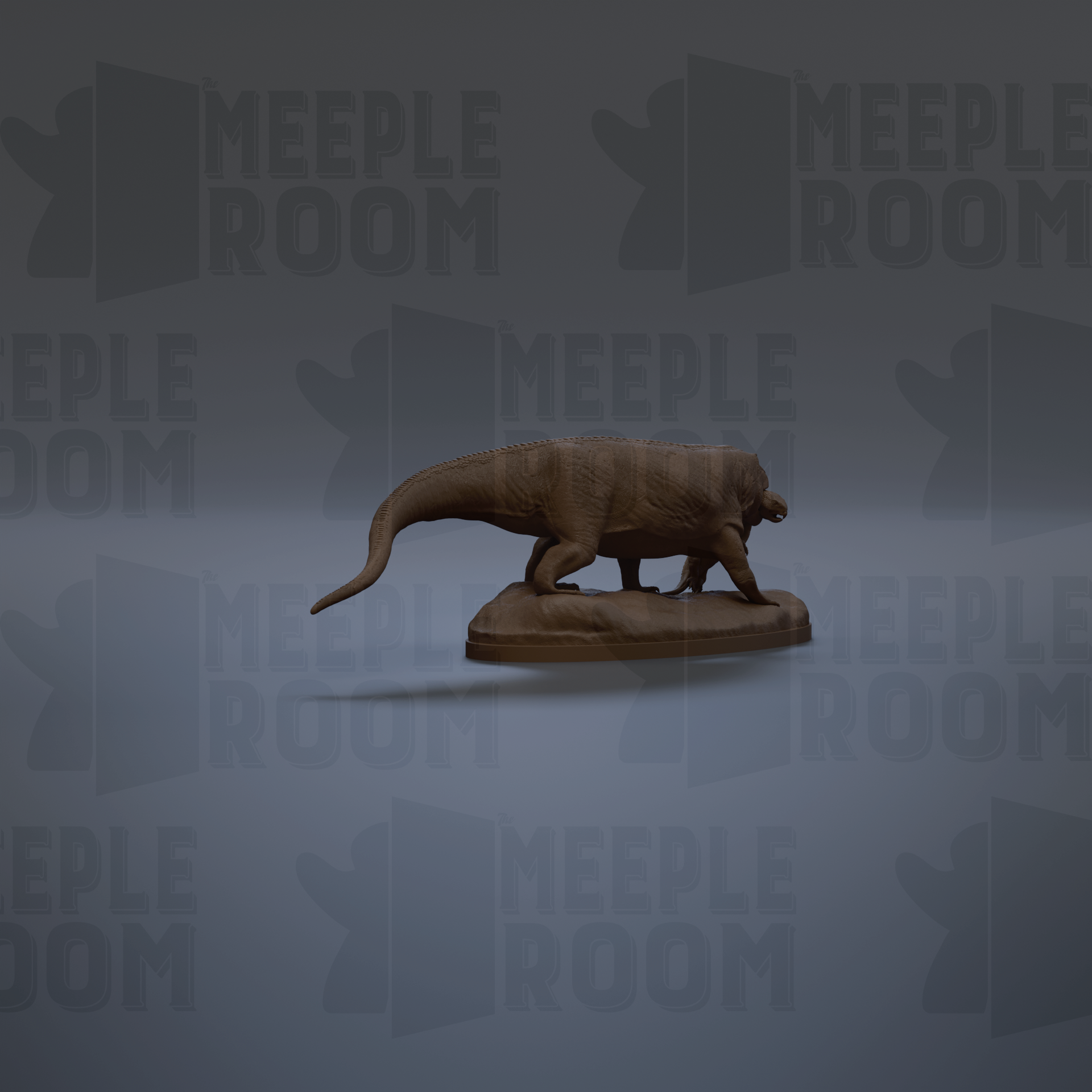 A 3D model of a dinosaur, specifically a meek lizard, is displayed against a gray background with repeated text.