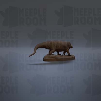 A 3D model of a dinosaur, specifically a meek lizard, is displayed against a gray background with repeated text.