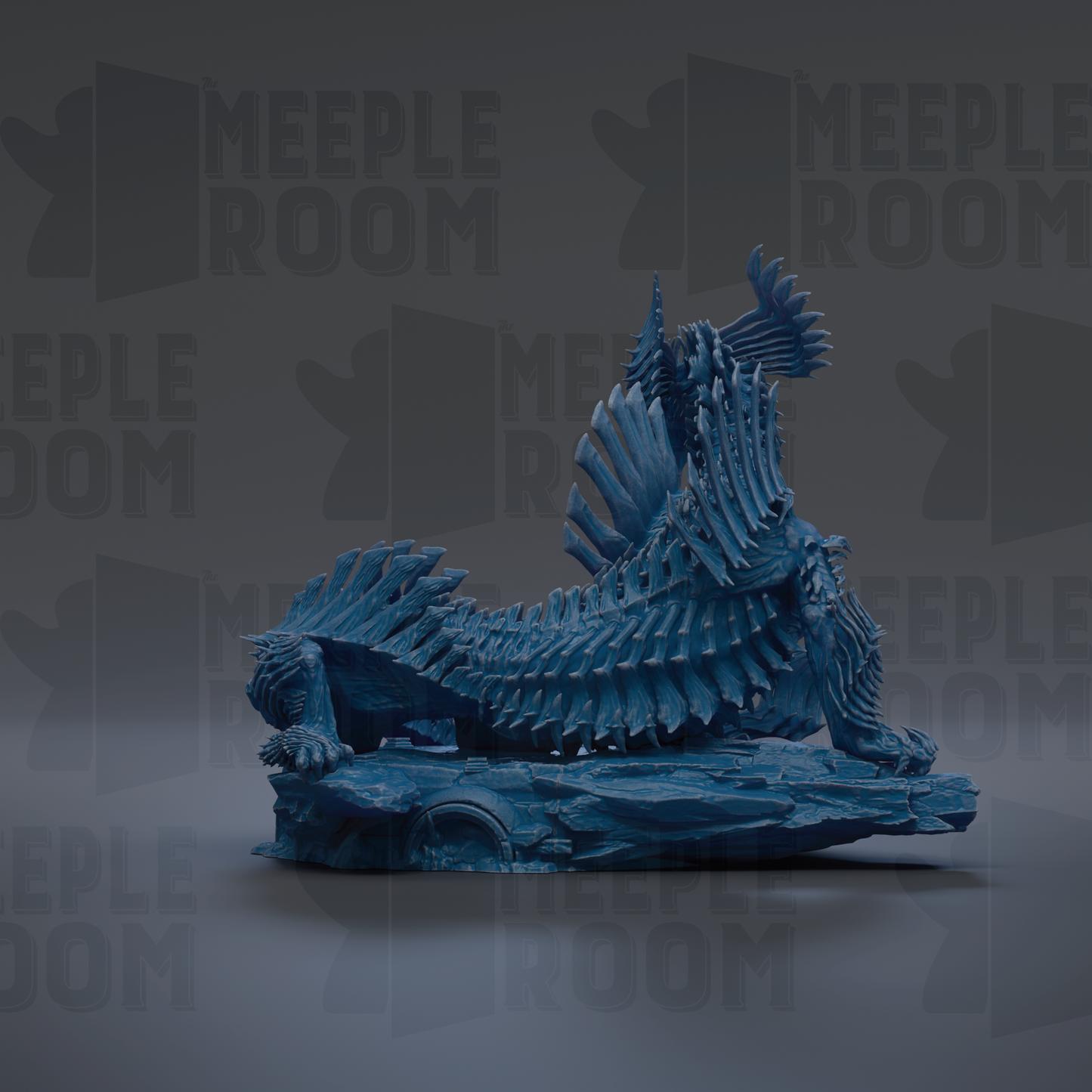 A blue, 3D-rendered dragon sculpture is displayed against a dark background with repeated text.