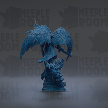A blue, winged figurine stands on a base, surrounded by a dark background with repeated text.