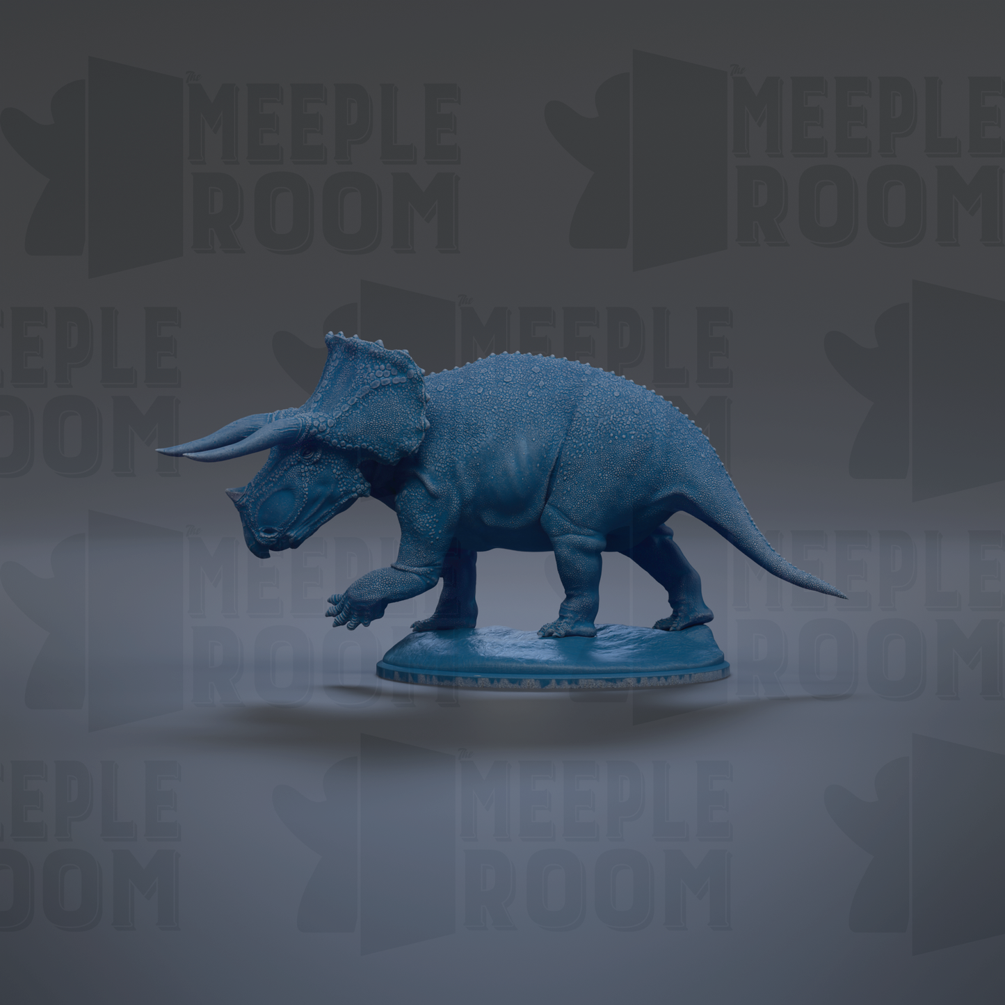 A blue toy dinosaur figurine is displayed against a dark background with repeated text.