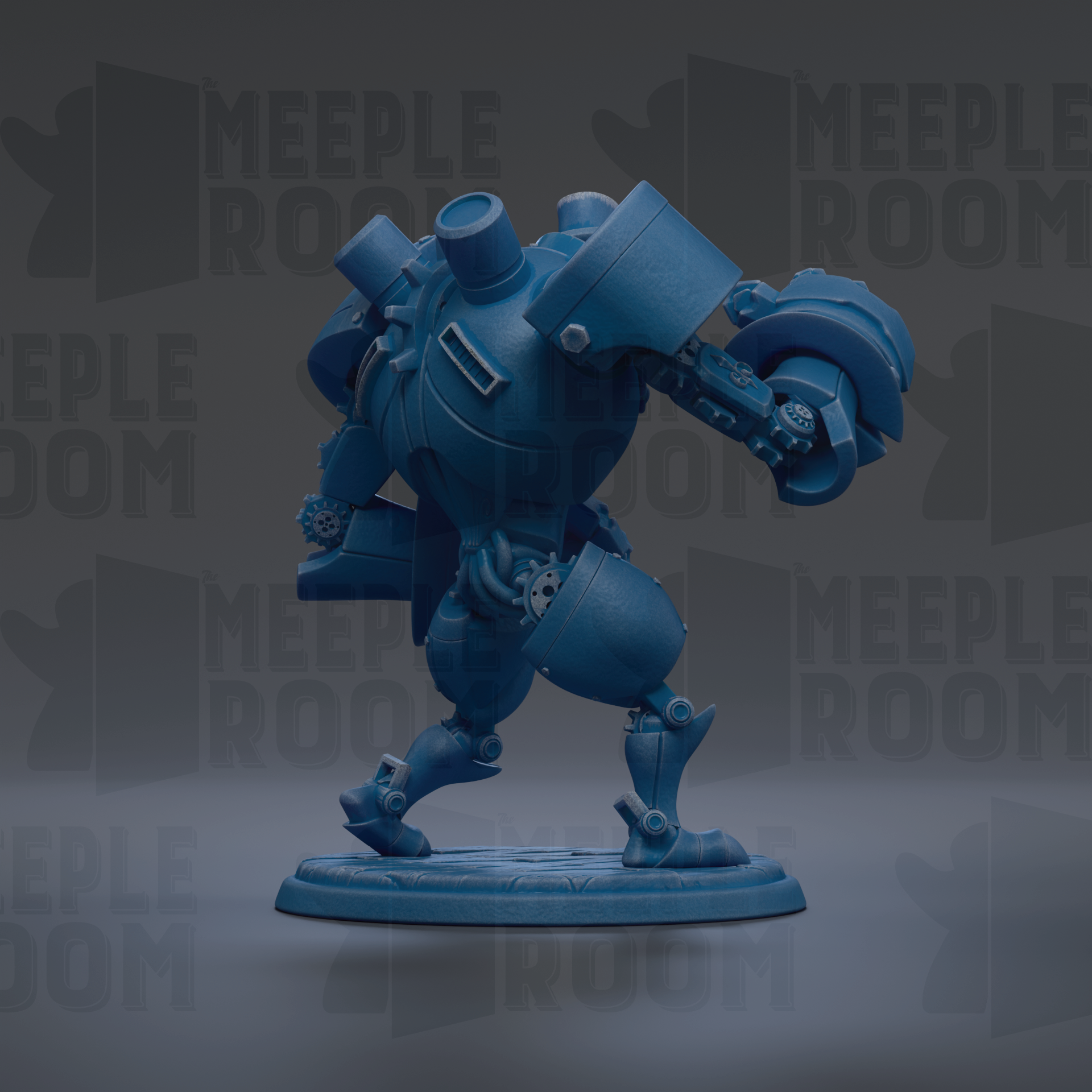 A blue, mechanical robot figurine is standing on a base against a dark background with repeated text.