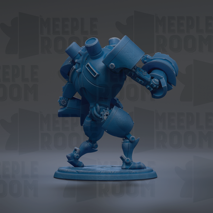 A blue, mechanical robot figurine is standing on a base against a dark background with repeated text.