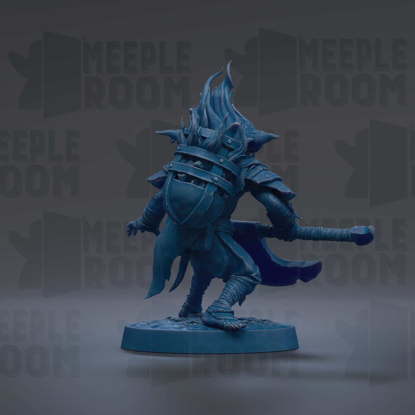 A blue figurine of a warrior-like character with a sword and shield stands on a base against a dark background with repeated "MEIPLE ROOM" text.