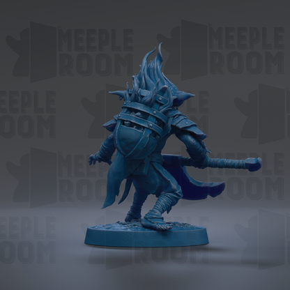 A blue figurine of a warrior-like character with a sword and shield stands on a base against a dark background with repeated "MEIPLE ROOM" text.