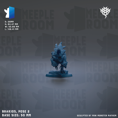 a blue figurine of a person, likely a character from a video game or tabletop role-playing game, posed on a base. The figurine is described as "Brakios, pose 2" and "base size: 50 mm". The background of the image is a dark gray color with the word "MEIPLE ROOM" repeated multiple times, suggesting that the image is part of a larger collection or series.