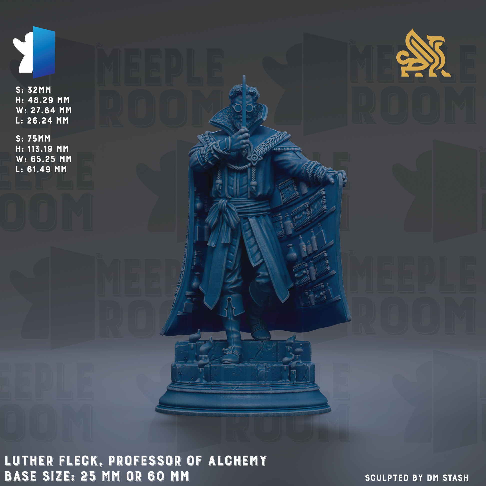 a statue of a man dressed in a robe and holding a sword, with the text "Luther Fleck, Professor of Alchemy" and "Base sizes: 25mm or 60mm" below it.