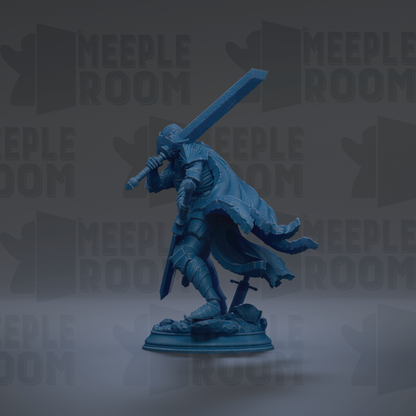 A blue statue of a warrior wielding a sword and shield, standing on a pedestal against a dark background with repeated text.