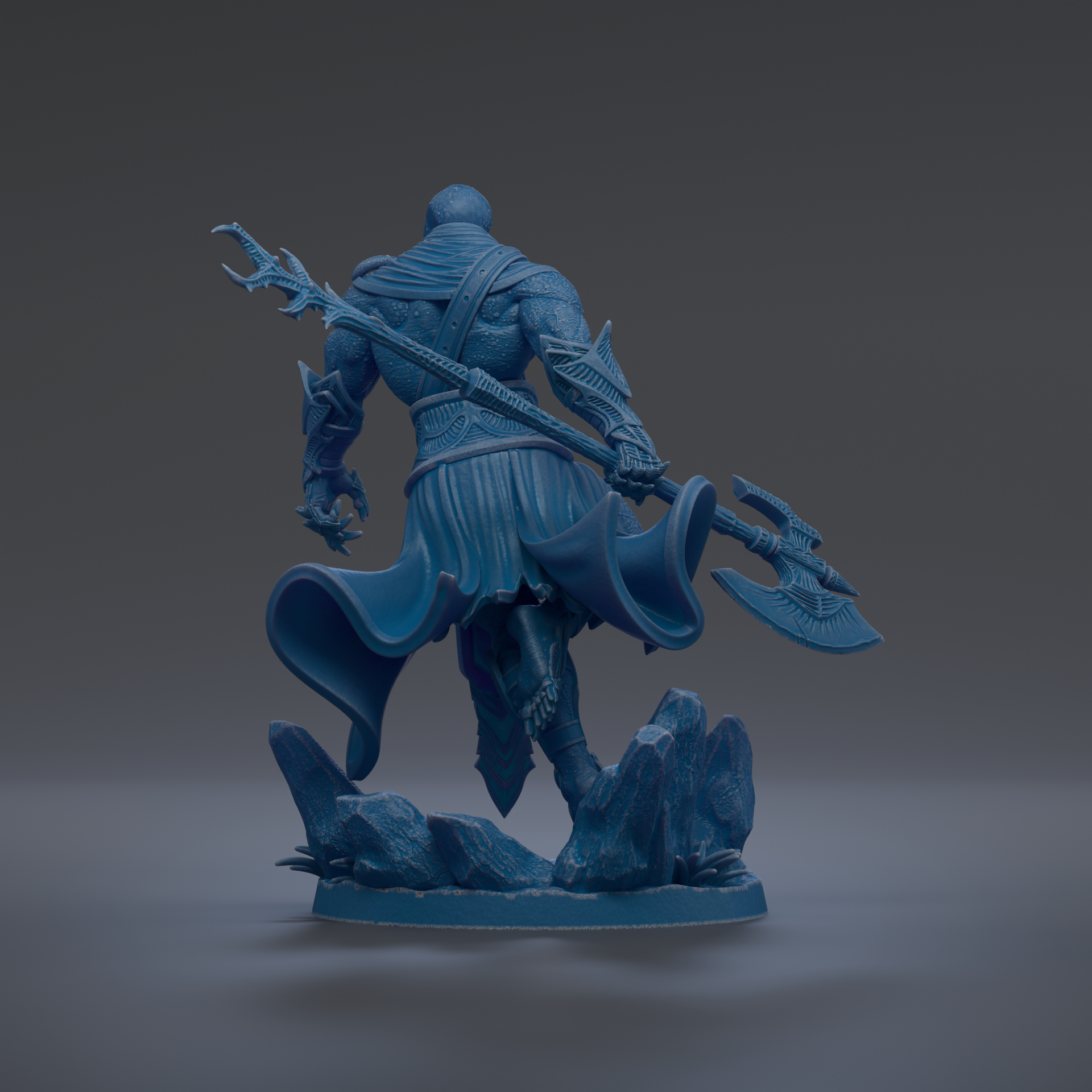 A blue, 3D-rendered statue of a warrior figure with a spear and shield, standing on a rocky base.
