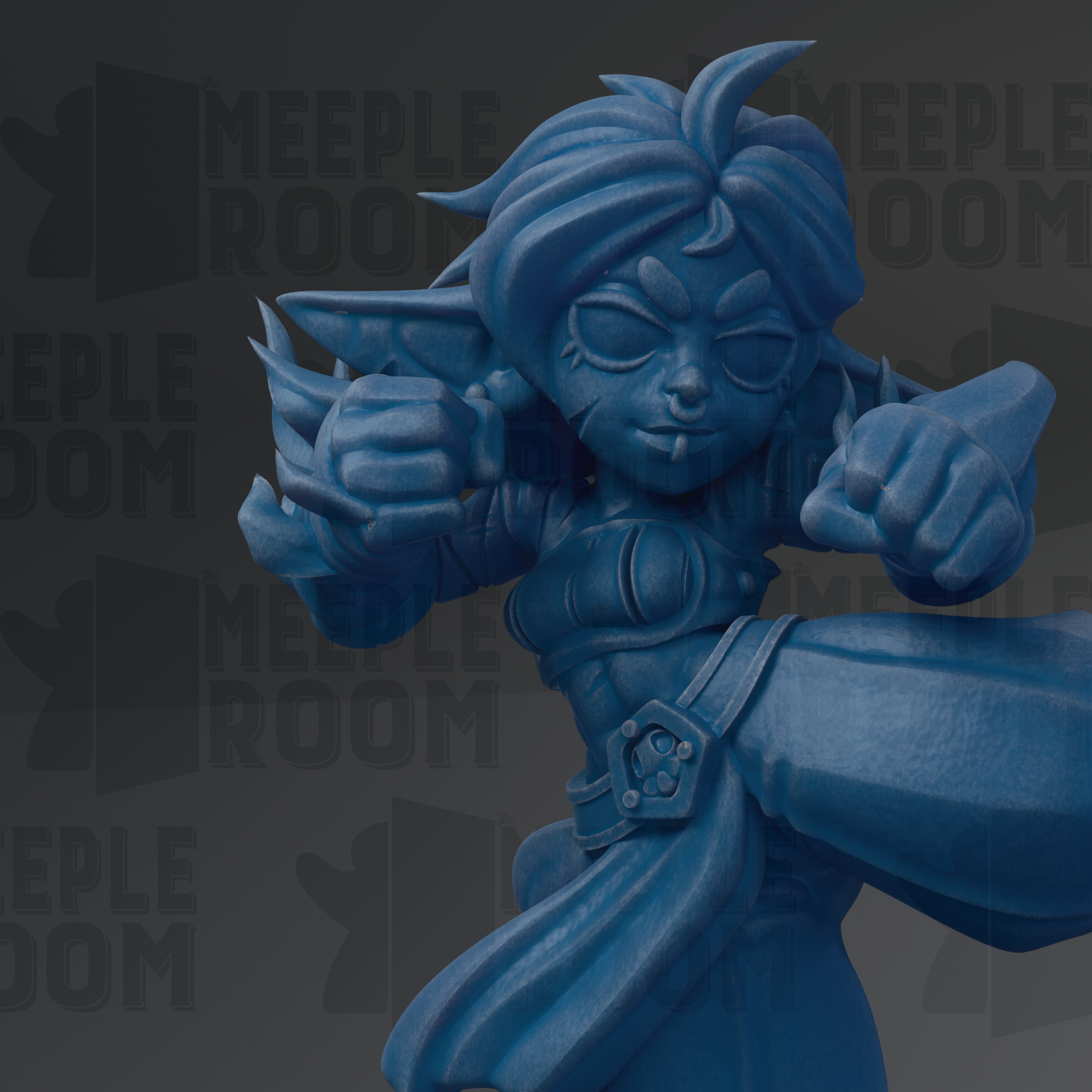 A blue, 3D-rendered character with a fierce expression and a determined pose, set against a dark background with repeated text.