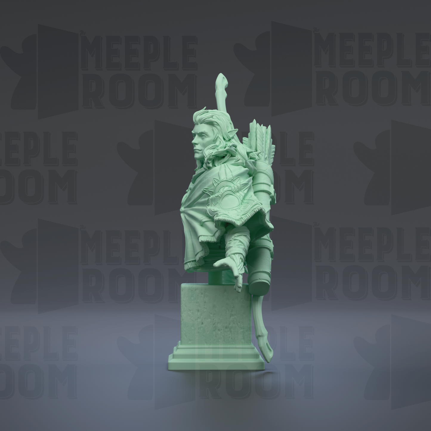 A green statue of a man with a bow and arrow stands on a pedestal against a dark background with repeated "MEIPLLE ROOM" text.