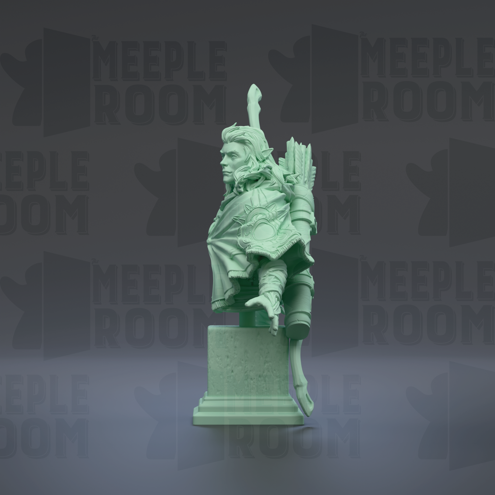 A green statue of a man with a bow and arrow stands on a pedestal against a dark background with repeated "MEIPLLE ROOM" text.