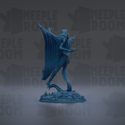 A blue statue of a winged figure with outstretched arms stands on a base against a dark background with repeated "MEIPLLE ROOM" text.