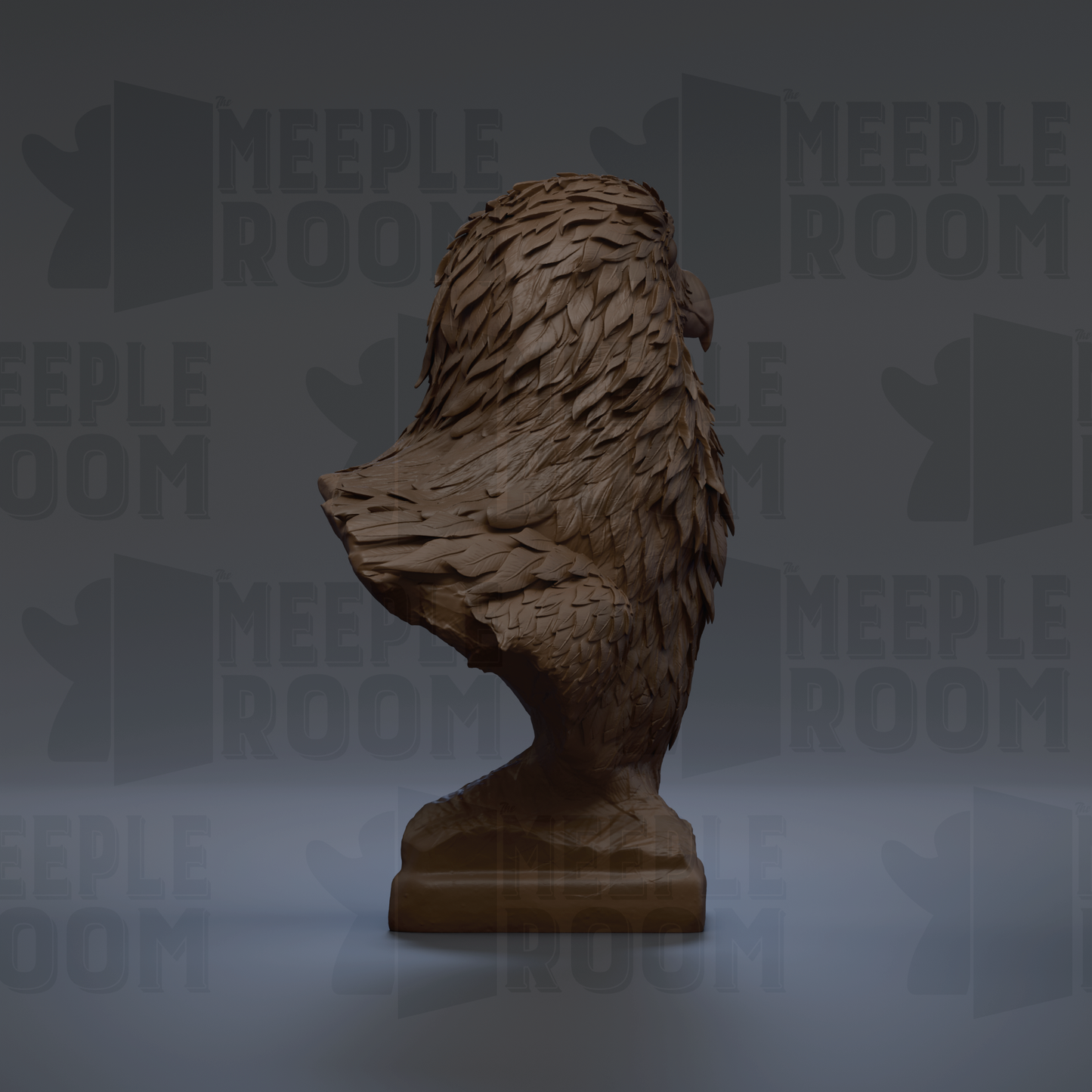 A 3D rendering of a bird statue with intricate feather details, standing on a pedestal against a dark background with repeated text.