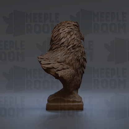 A 3D rendering of a bird statue with intricate feather details, standing on a pedestal against a dark background with repeated text.