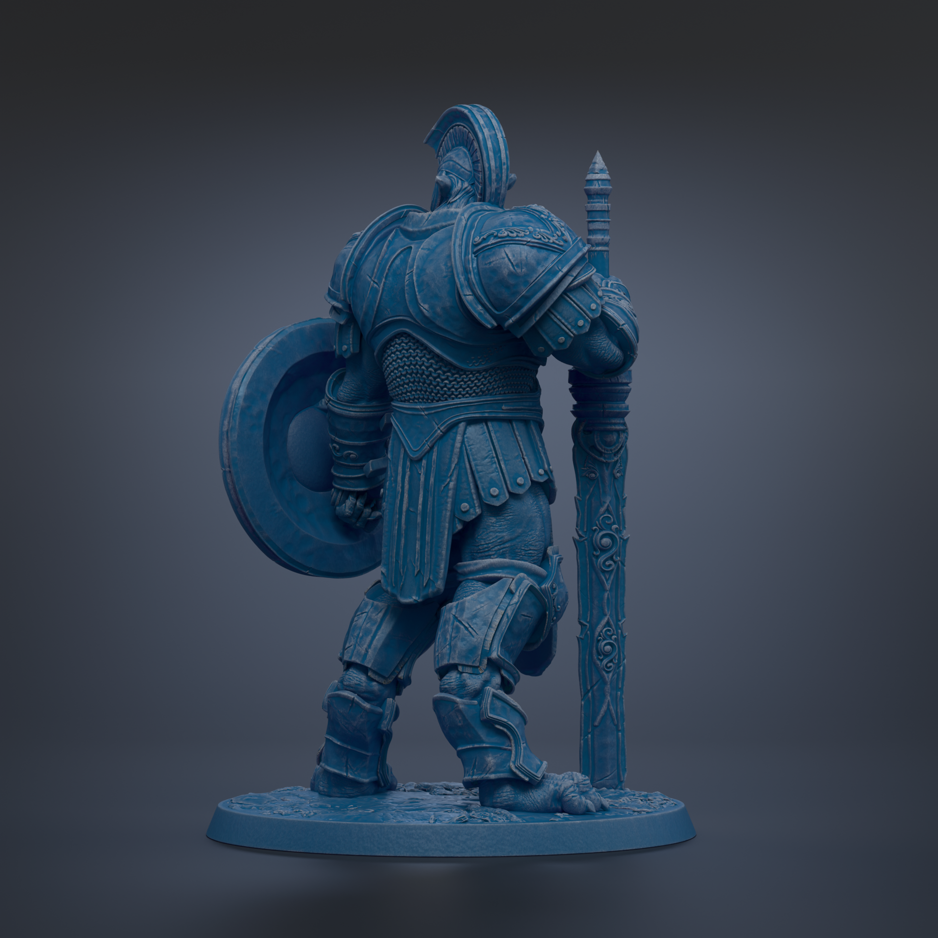 A blue armored warrior figure stands in a defensive stance, holding a shield and sword.