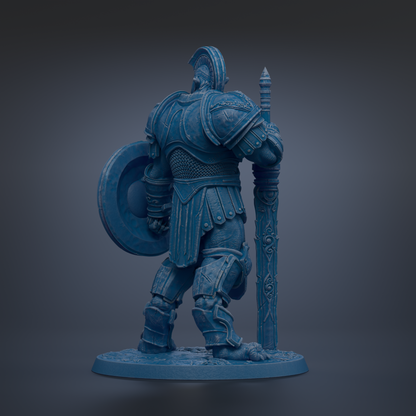 A blue armored warrior figure stands in a defensive stance, holding a shield and sword.