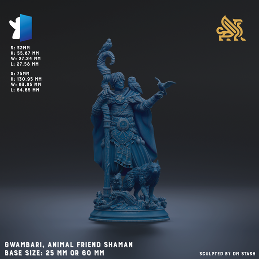 The image is a 3D rendering of a statue depicting an animal friend, specifically a shaman, with a bird perched on his shoulder. The statue is made of a dark blue material and is shown in a dynamic pose. The base size of the statue is either 25mm or 60mm, depending on the perspective. The image is a 3D rendering of a shaman statue, and it is not a collage of multiple images. The image does not contain any text, and the description does not include any redundancy or vague wording.