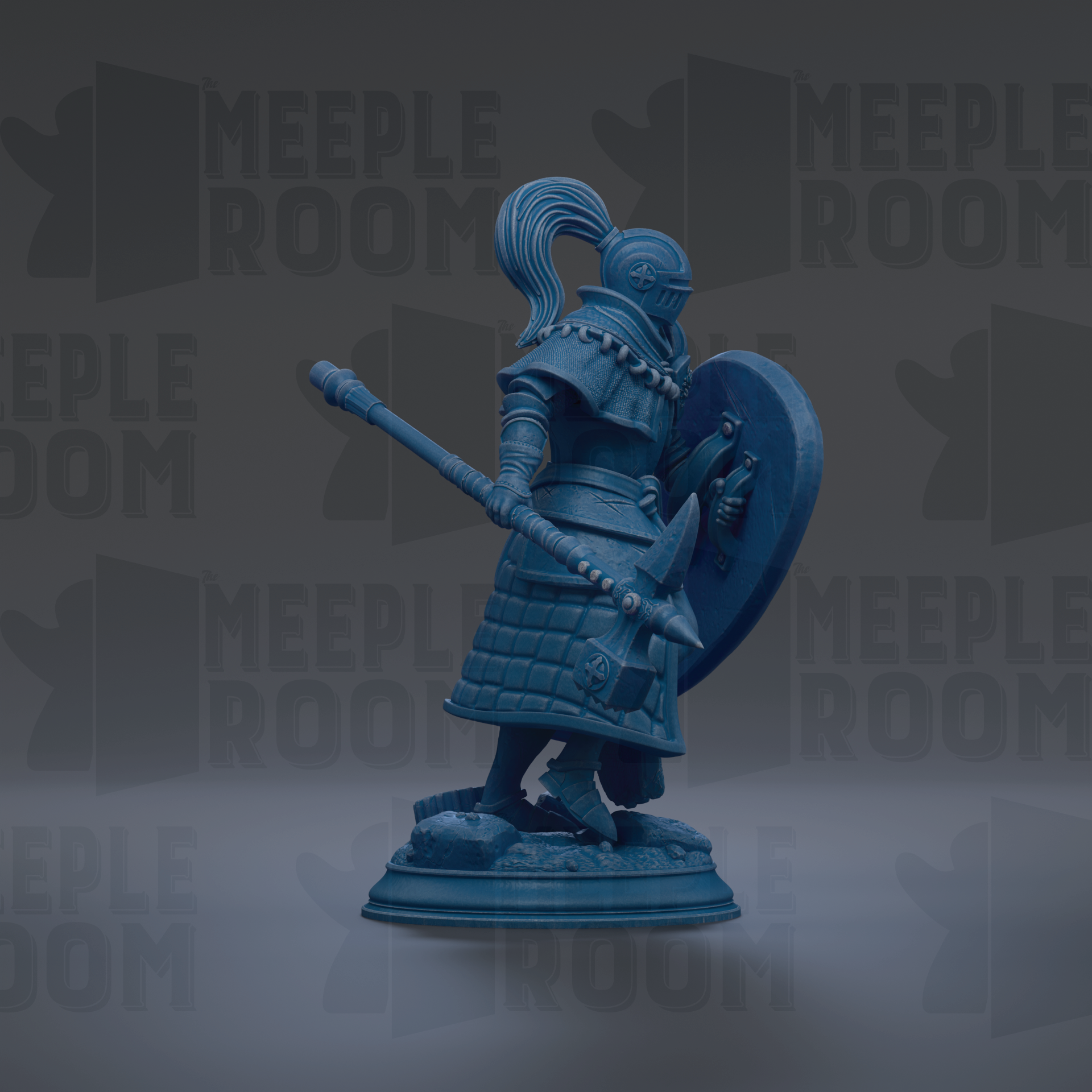 A blue statue of a knight holding a shield and sword, standing on a pedestal.