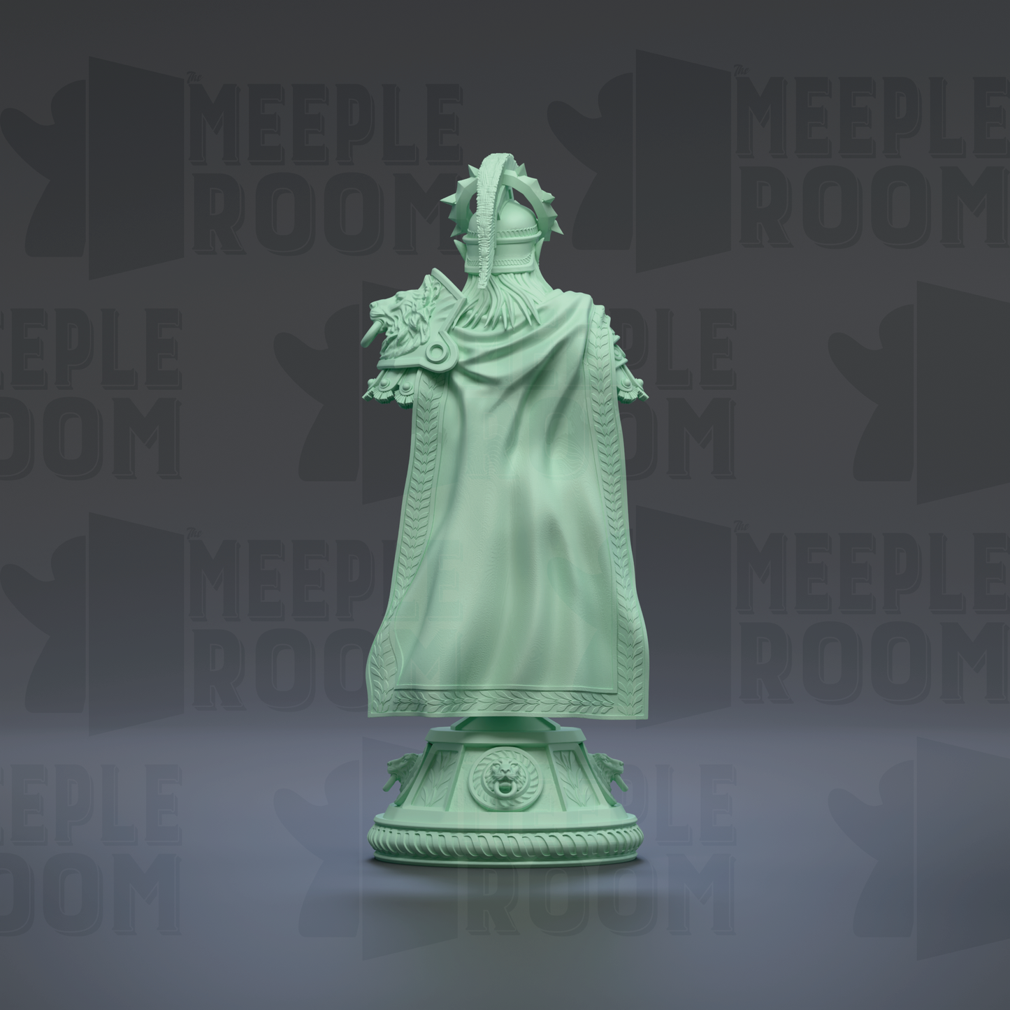 A green statue of a person wearing a flowing robe and headdress, standing on a pedestal.