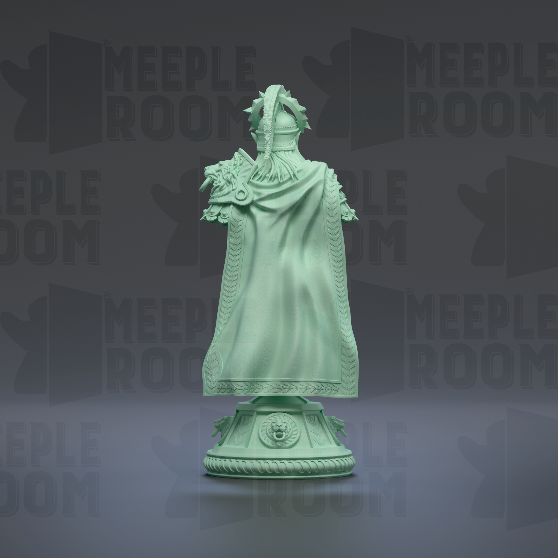 A green statue of a person wearing a flowing robe and headdress, standing on a pedestal.