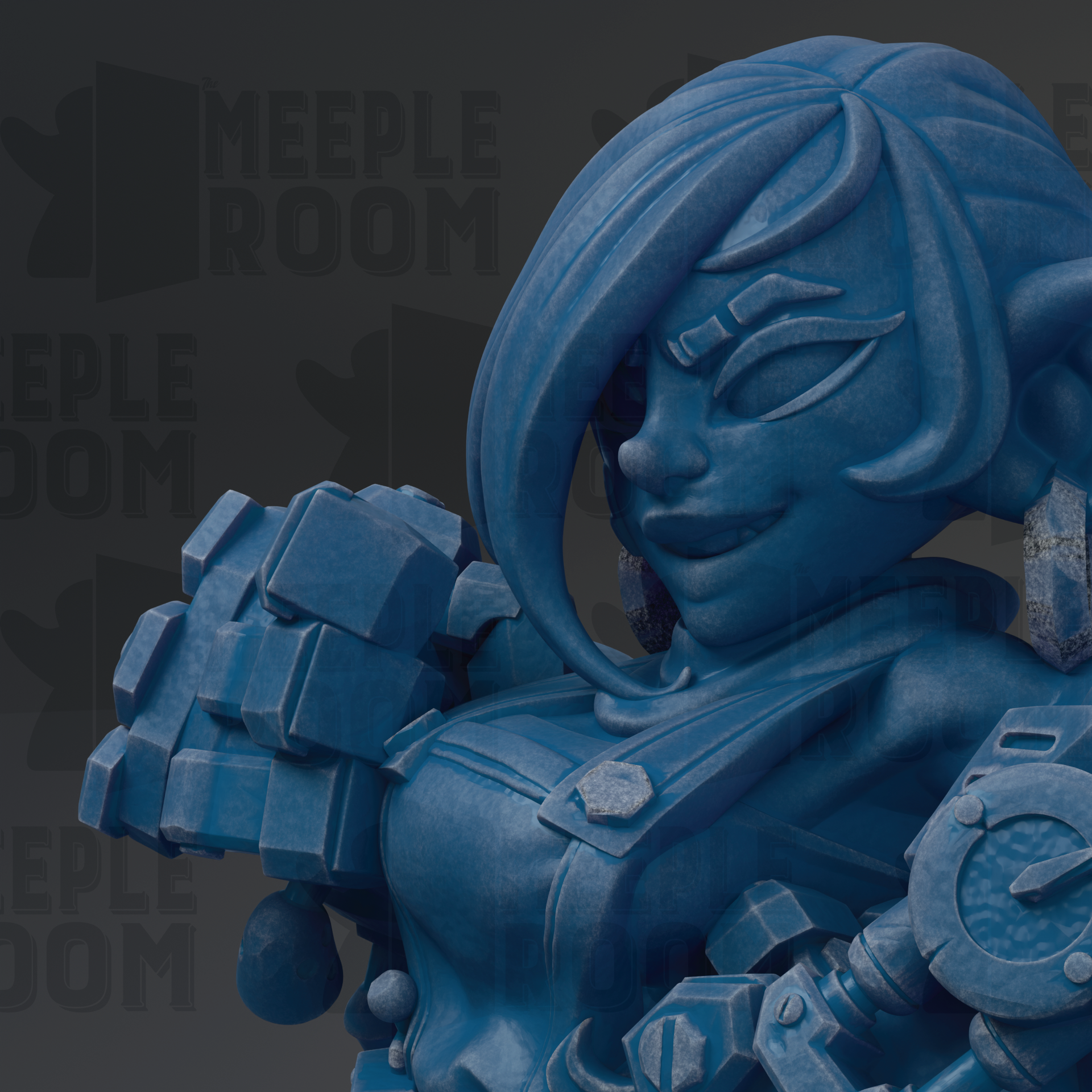 A close-up of a blue, 3D-rendered character with intricate details and a unique design.
