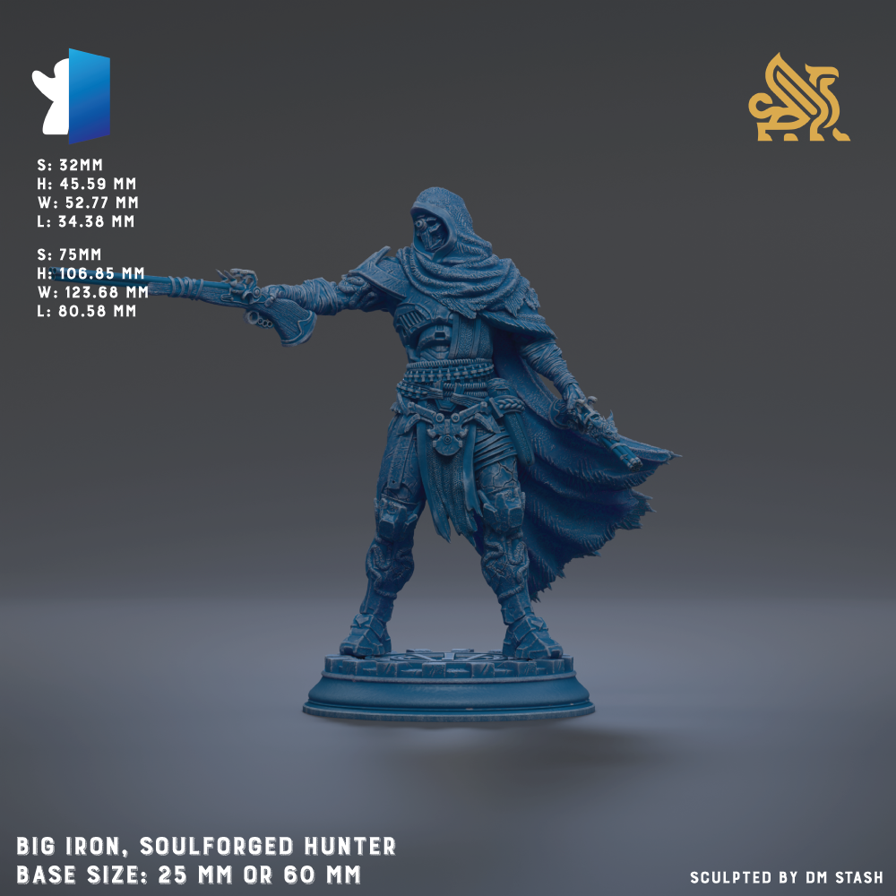 A blue, soulforged-hunter statue of a warrior figure, standing on a base and holding a sword. The statue is described as a "Big Iron, Soulforged Hunter" and is shown in various sizes, including 25mm and 60mm. The image is a collage of multiple images, and the phrase "Sculpted by DM Stash" is mentioned at the bottom.