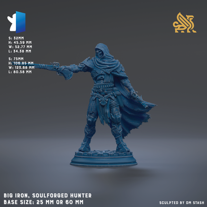 A blue, soulforged-hunter statue of a warrior figure, standing on a base and holding a sword. The statue is described as a "Big Iron, Soulforged Hunter" and is shown in various sizes, including 25mm and 60mm. The image is a collage of multiple images, and the phrase "Sculpted by DM Stash" is mentioned at the bottom.