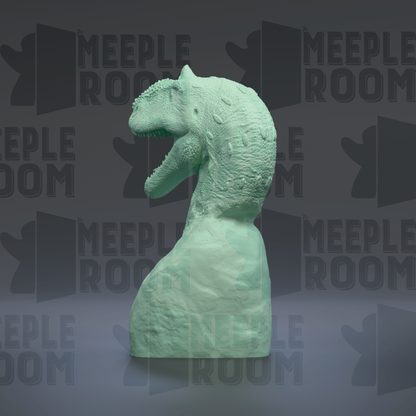 A green dinosaur head sculpture is displayed against a dark background with repeated text.