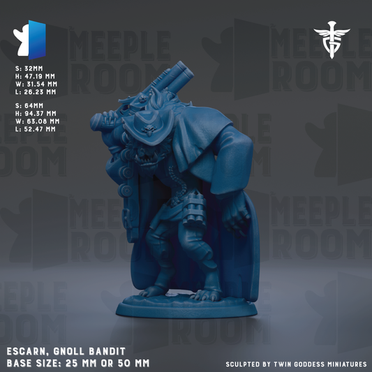 a blue, futuristic-looking figurine of a gnoll bandit, with a detailed design and a cape-like garment. The figurine is described as a base size of 25mm or 50mm, and it is sculpted by Twin Goddess Miniatures.