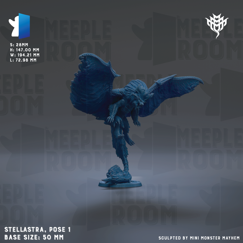 a blue winged figurine, specifically a Stellastra, which is a pose 1 base size: 50 mm.
