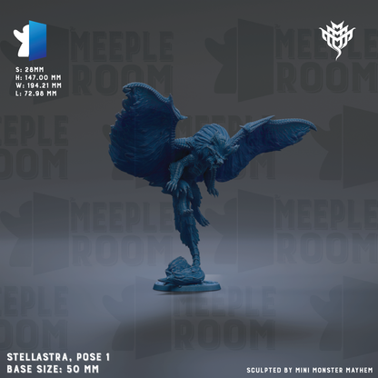a blue winged figurine, specifically a Stellastra, which is a pose 1 base size: 50 mm.