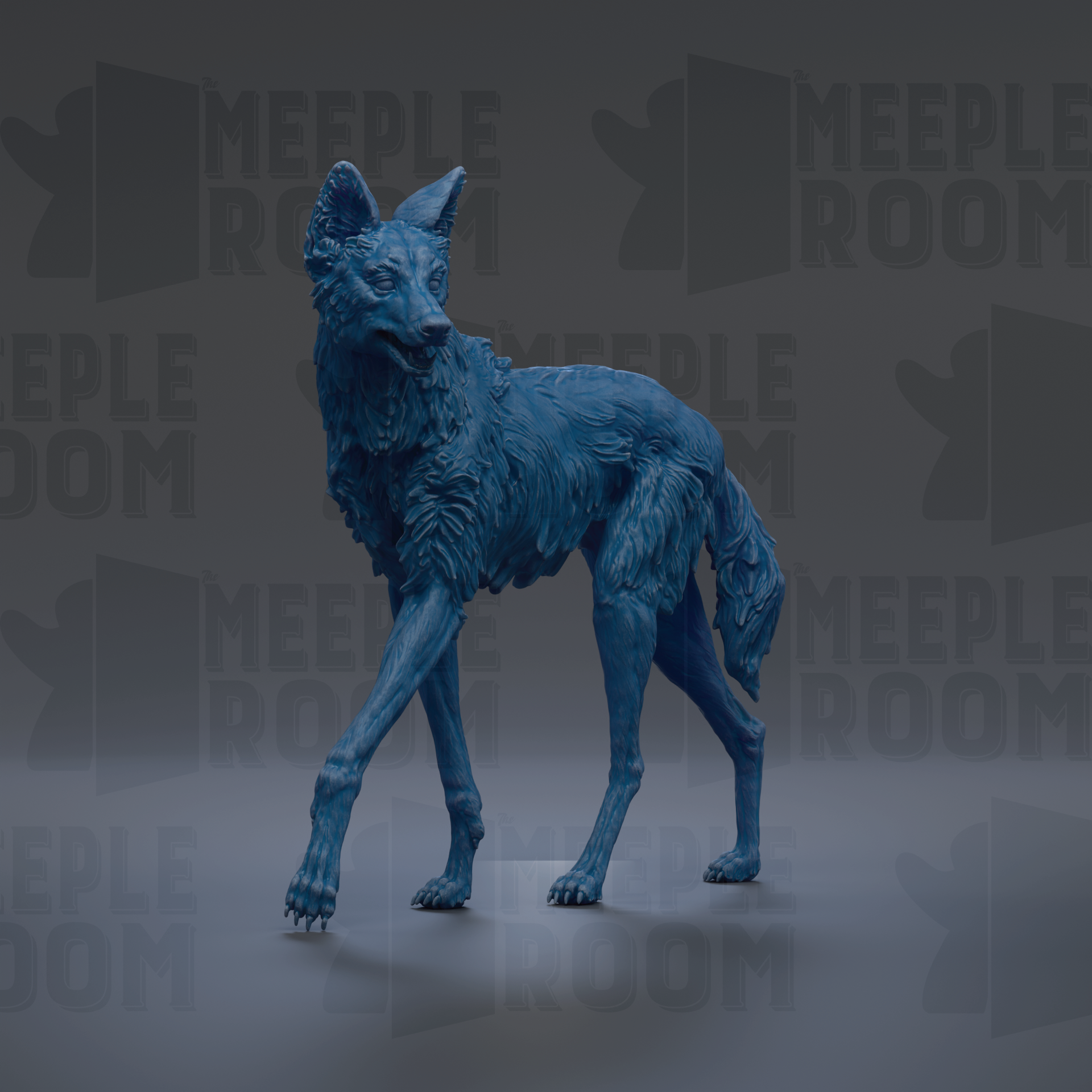 A blue, 3D-rendered wolf statue is standing on a gray surface against a dark background with repeated text.