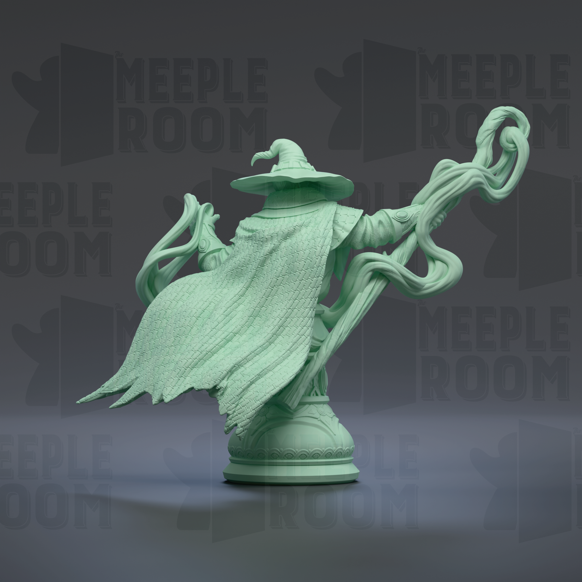 A green statue of a wizard or magical figure, with flowing robes and a pointed hat, standing on a pedestal against a dark background with repeated text.