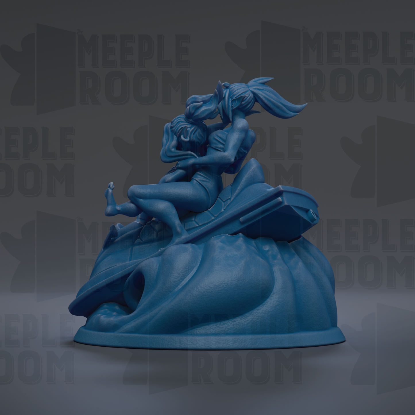 A blue, 3D-rendered statue of a woman sitting on a rock, with another woman's face partially visible.
