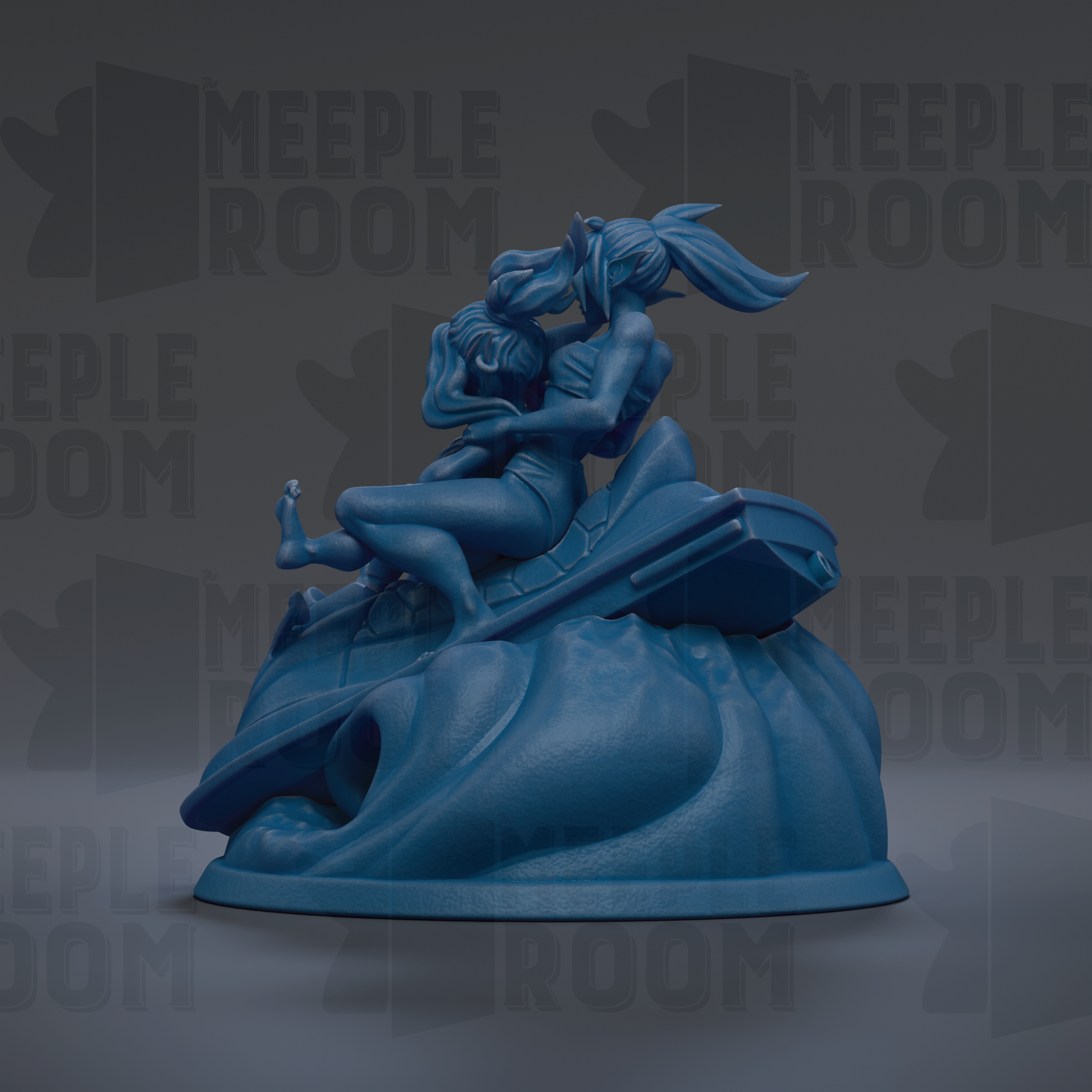 A blue, 3D-rendered statue of a woman sitting on a rock, with another woman's face partially visible.