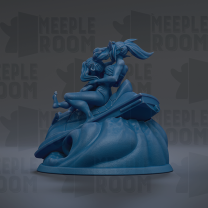 A blue, 3D-rendered statue of a woman sitting on a rock, with another woman's face partially visible.