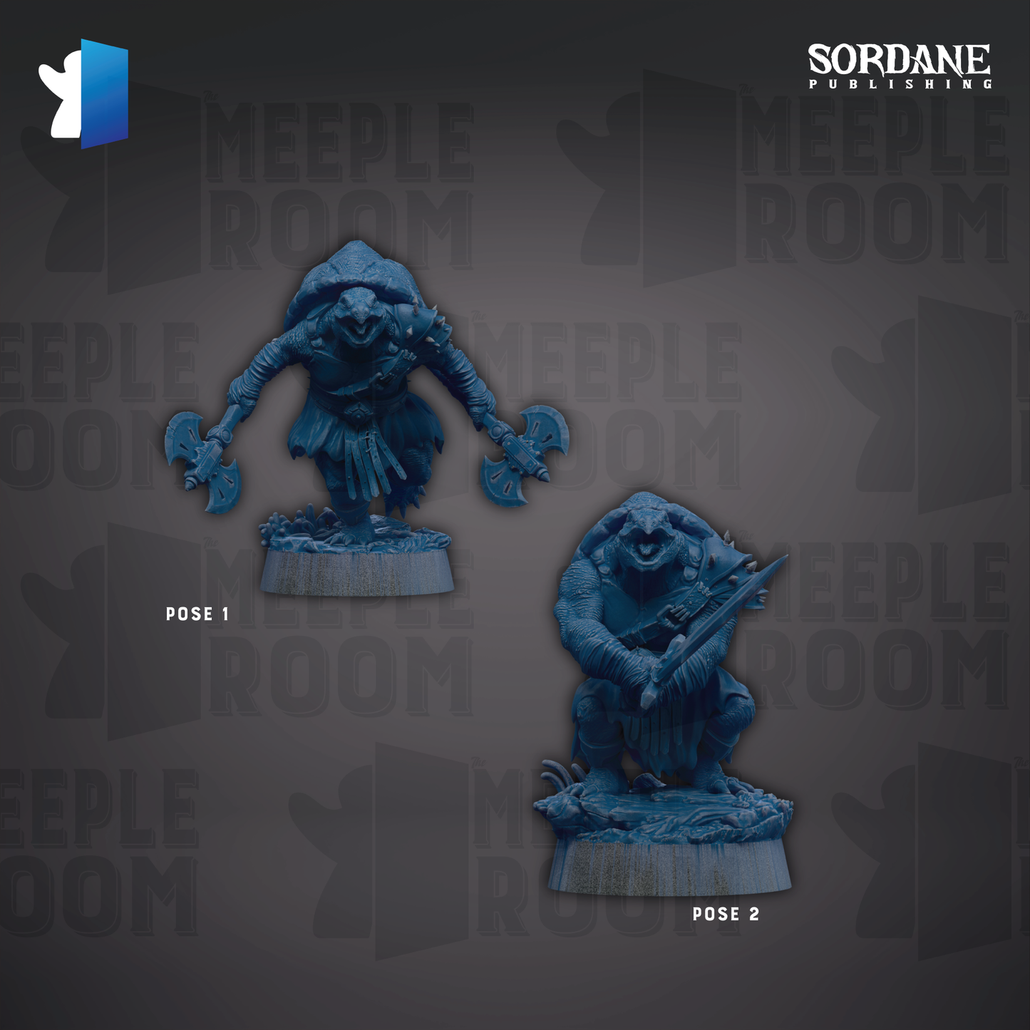 two blue figurines of creatures, possibly from a fantasy or science fiction setting, with the text "MEEPLE ROOM" and "POSE 1" and "POSE 2" indicating their poses.