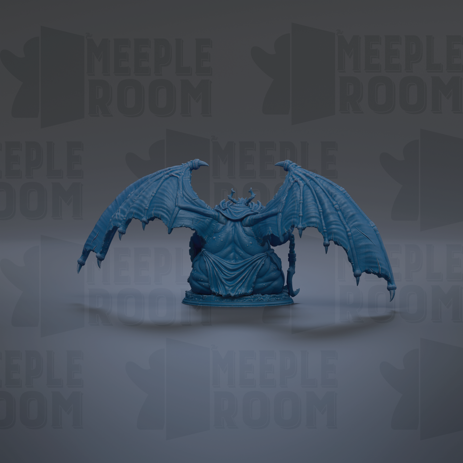 A blue, winged figurine is displayed against a dark background with repeated text.