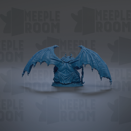 A blue, winged figurine is displayed against a dark background with repeated text.