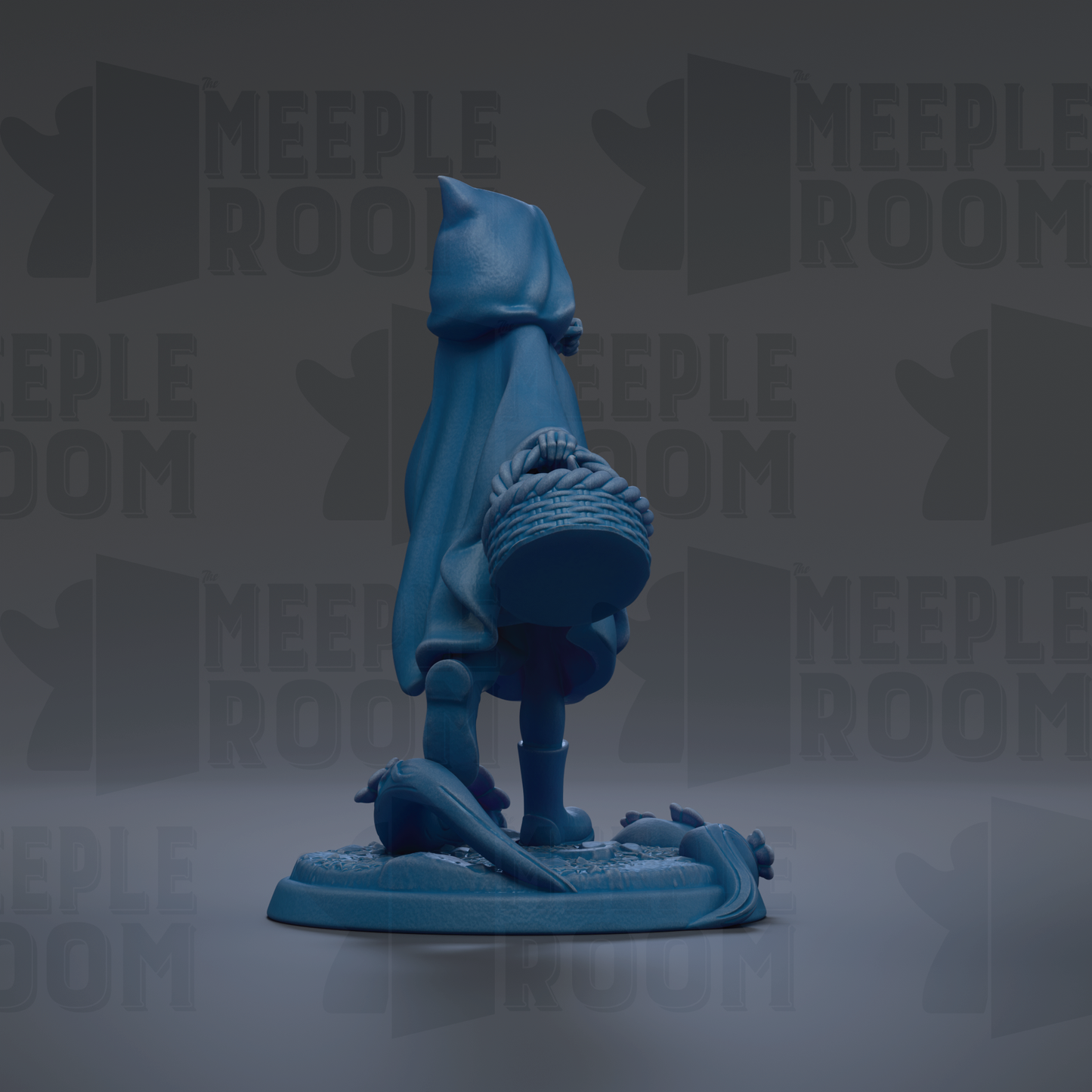 A blue figurine of a person standing on a base, with a basket on their back, against a dark background with repeated text.