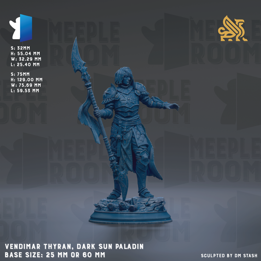 a dark sun paladin statue, standing on a base size of 25mm or 60mm, with a sword in hand.