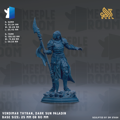 a dark sun paladin statue, standing on a base size of 25mm or 60mm, with a sword in hand.