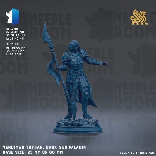 a dark sun paladin statue, standing on a base size of 25mm or 60mm, with a sword in hand.