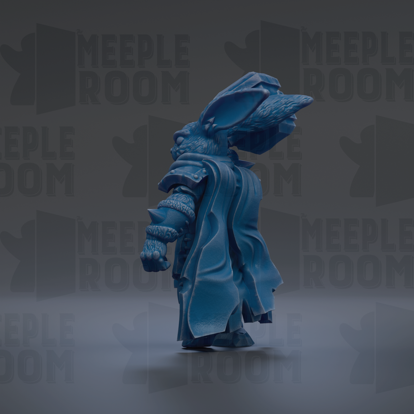 A blue, 3D-rendered character with a flowing robe and a large headdress stands against a dark background with repeated text.