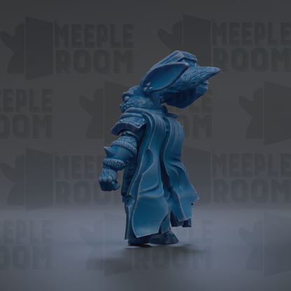 A blue, 3D-rendered character with a flowing robe and a large headdress stands against a dark background with repeated text.