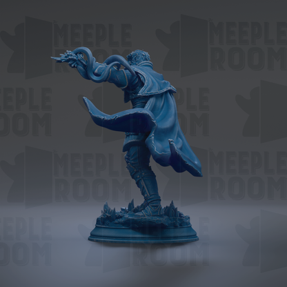 A blue statue of a figure with a flowing cape and sword, standing on a base with a dark background.